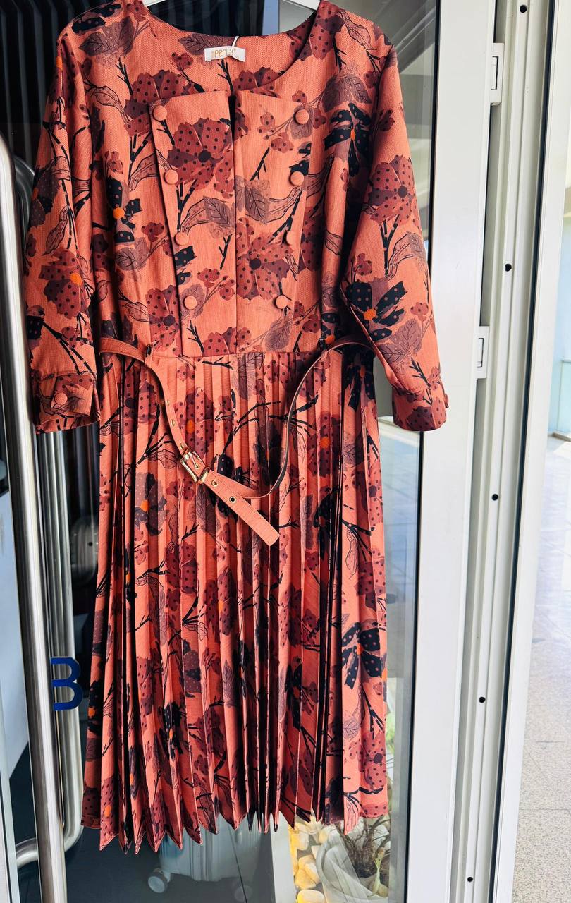 Dresses: Rust Floral Pleated Belted Dress